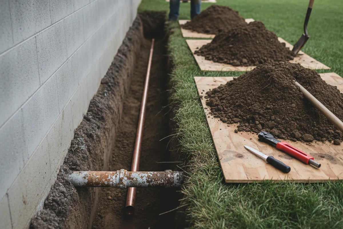 Excavated water line trench during Sewer Line Repair in Lizton